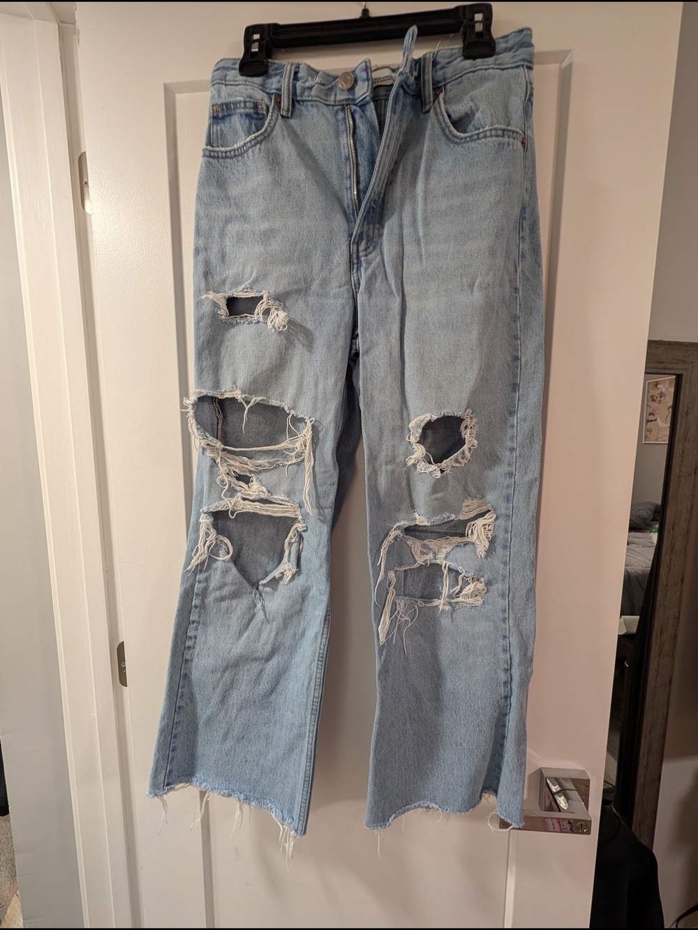 Zara Light Blue Distressed Ripped Wide-Leg Jeans